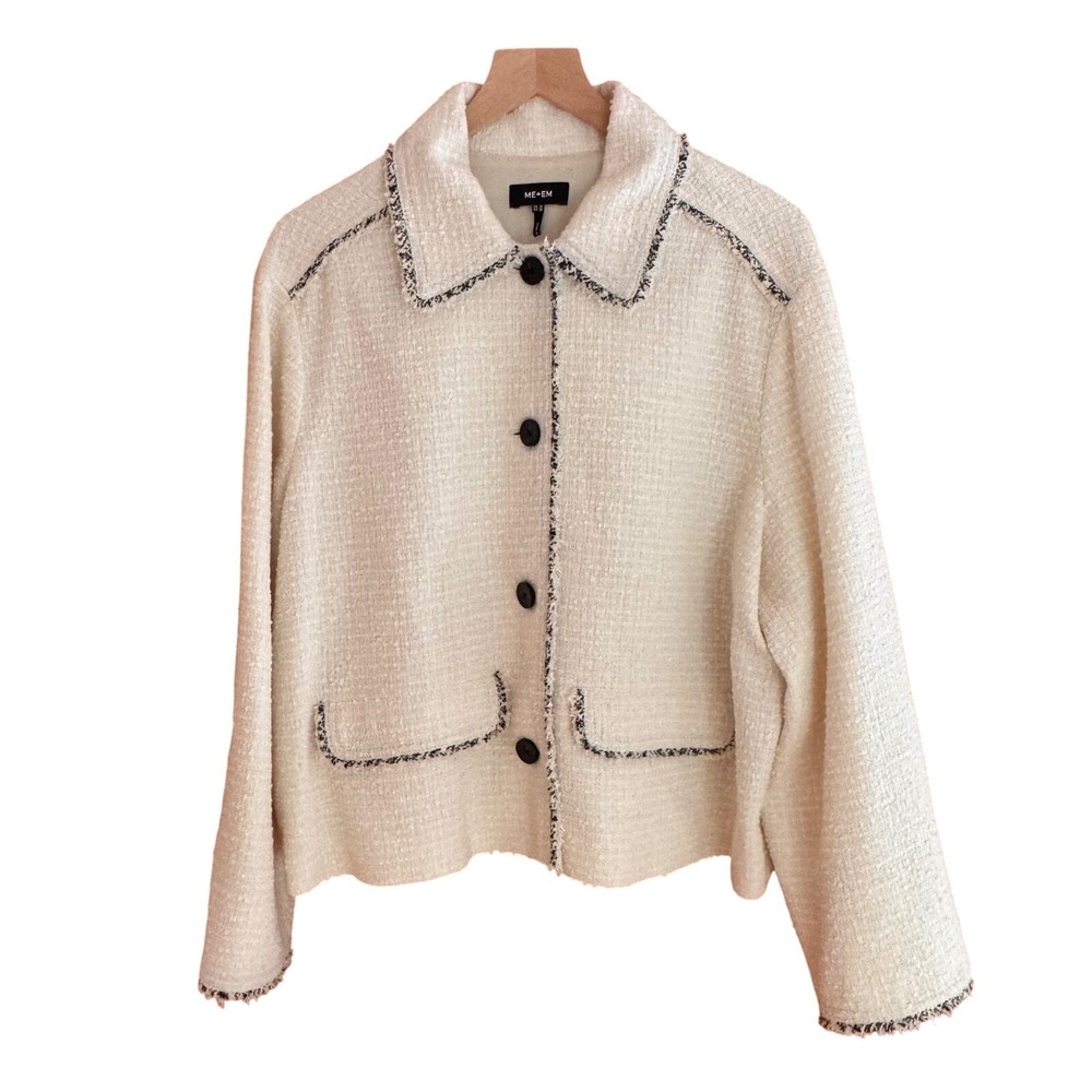 ME+EM Cream Boucle Tweed Jacket Black Trim SS24JA829 Womens US 14‎ UK 18